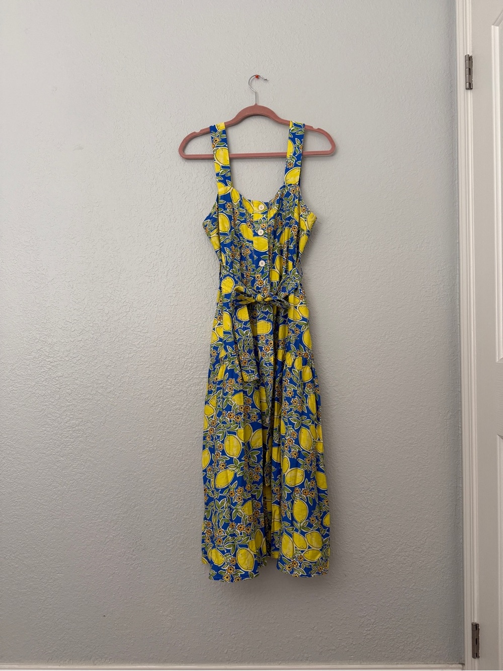 NWOT Yellow & Blue Lemon-Print Midi Dress with Tie Waist